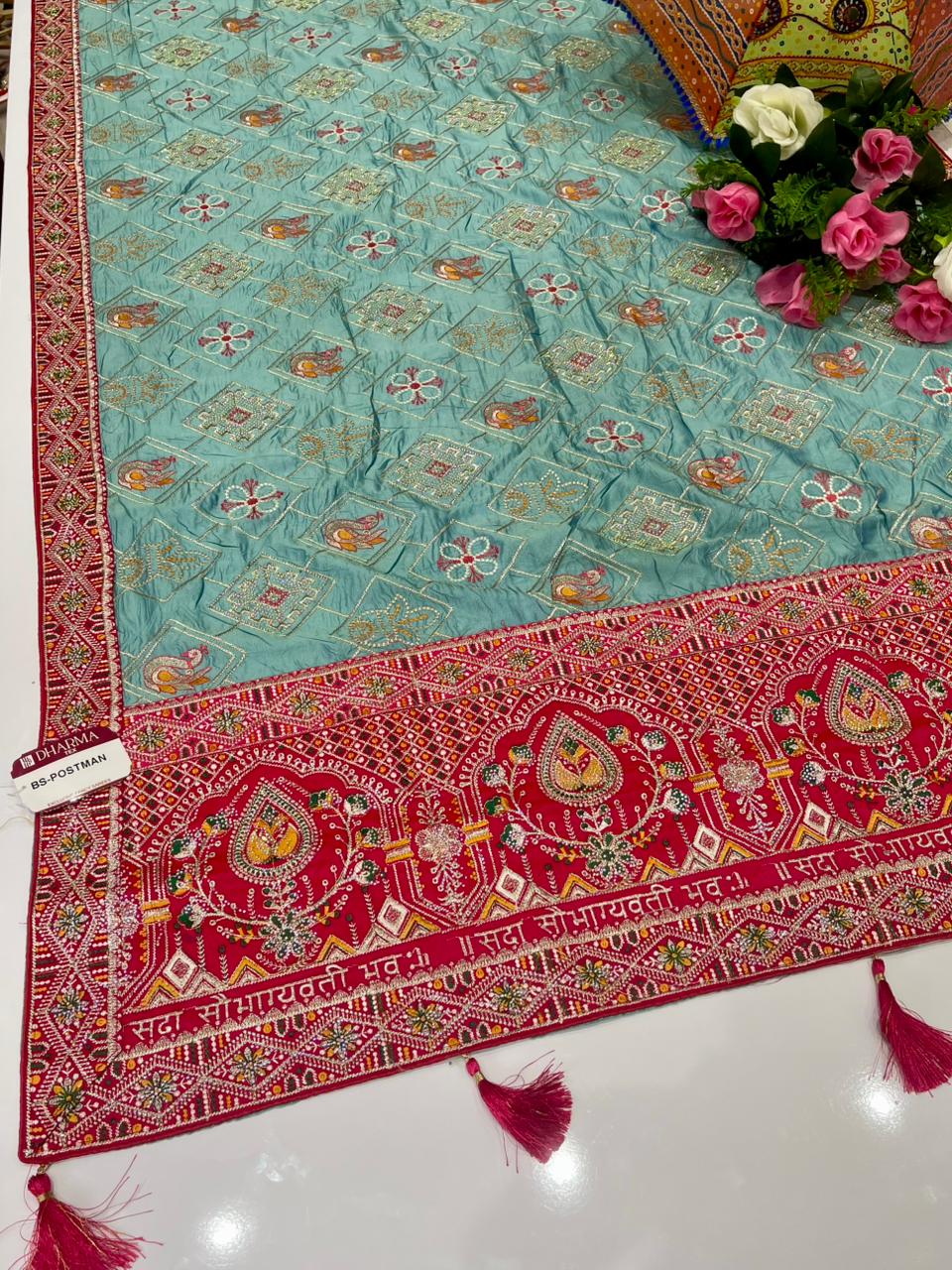 BS-POSTMAN  SATIN KANJIVARAM SILK GHATCHOLA GUJRATI DESIGN WITH RICH HEAVY PALLU AND BEAUTIFUL BODY DESIGN WITH CONTRAST BLOUSE WITH HEAVY WORK