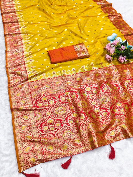 AJ-PARAMPARA SOFT 50/600 SILK SAREE WITH GRAND RICH PALLU EITH CONTRAST BORDER WITH BUTTI DESIGN