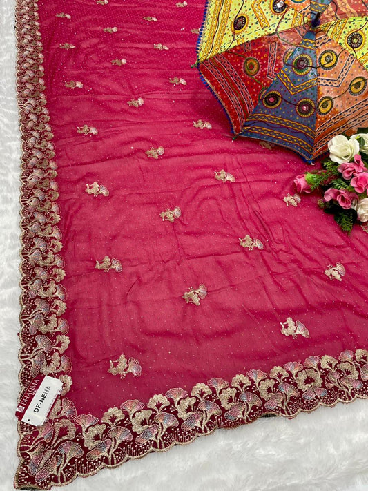 DF-NEHA SIMMER GEORGETTE SAREE WITH VIRAL EOMBROIDERY WORK WITH THREAD WORK AND SIROSKI ALL OVER