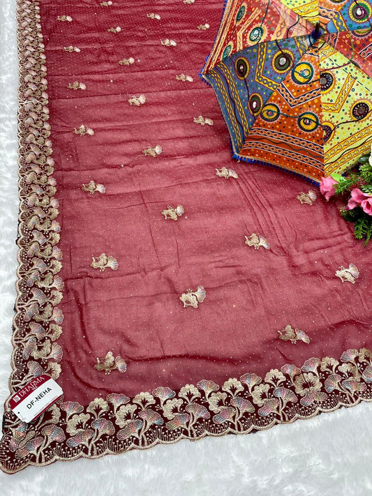 DF-NEHA SIMMER GEORGETTE SAREE WITH VIRAL EOMBROIDERY WORK WITH THREAD WORK AND SIROSKI ALL OVER