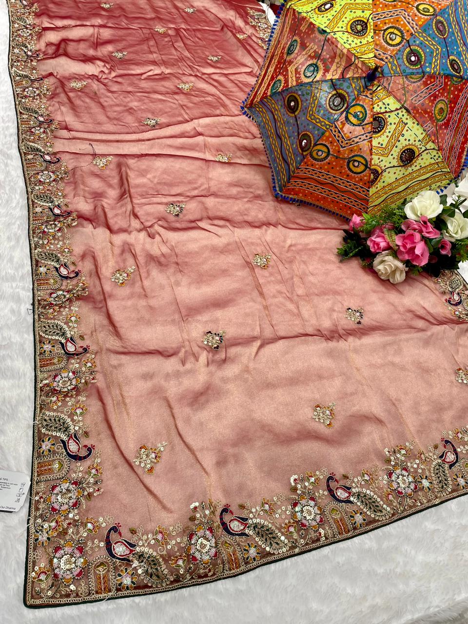 BS-COLGATE NC MOSS SAREE WITH HEAVY EMBORIDERY WITH THREAD AND HANDWORK KHATLI WORK WITH CONTRAST PIPING AND CONTRAST HEAVY FIRMA BLOUSE