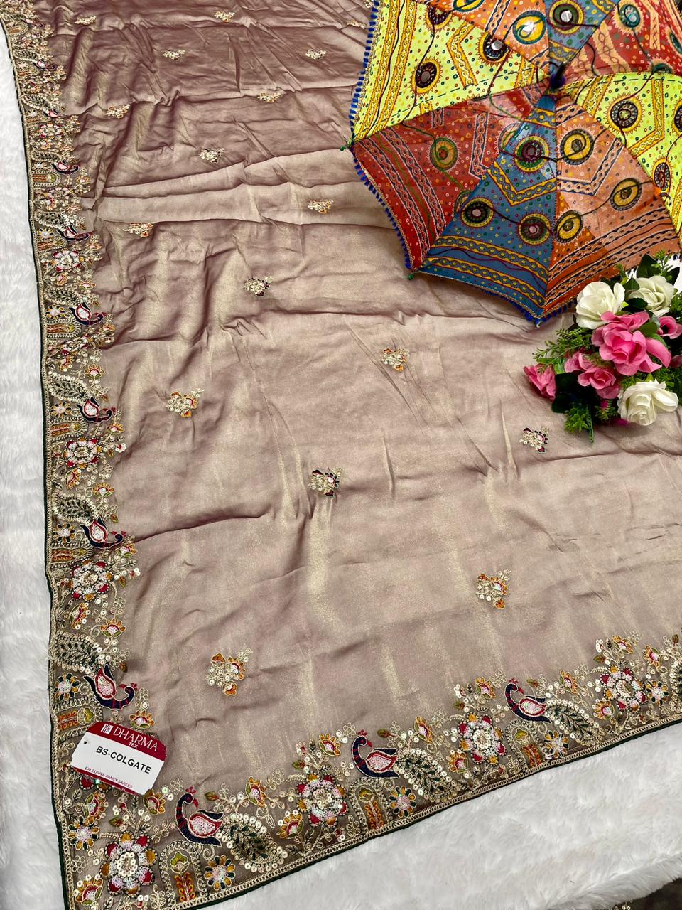 BS-COLGATE NC MOSS SAREE WITH HEAVY EMBORIDERY WITH THREAD AND HANDWORK KHATLI WORK WITH CONTRAST PIPING AND CONTRAST HEAVY FIRMA BLOUSE