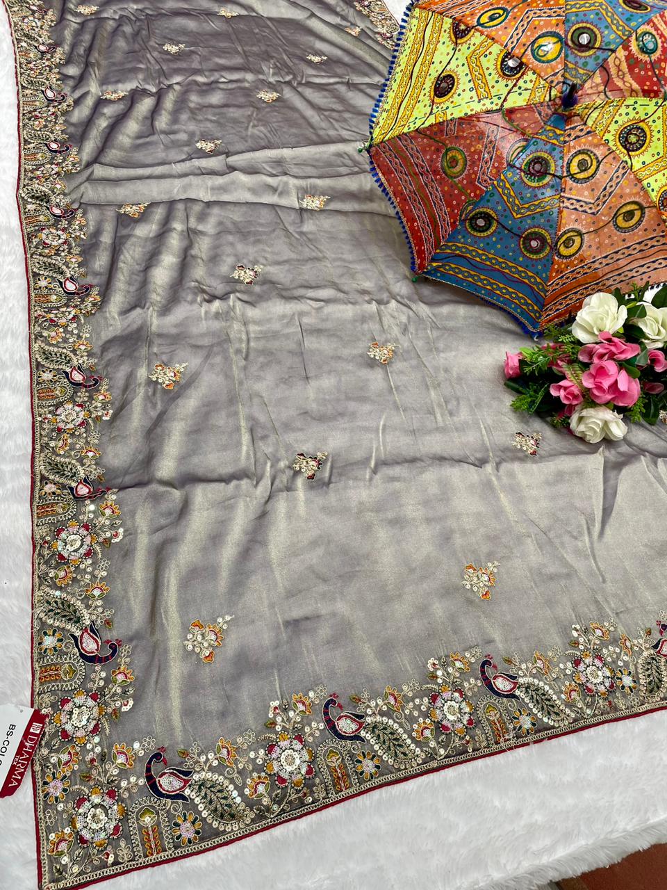 BS-COLGATE NC MOSS SAREE WITH HEAVY EMBORIDERY WITH THREAD AND HANDWORK KHATLI WORK WITH CONTRAST PIPING AND CONTRAST HEAVY FIRMA BLOUSE