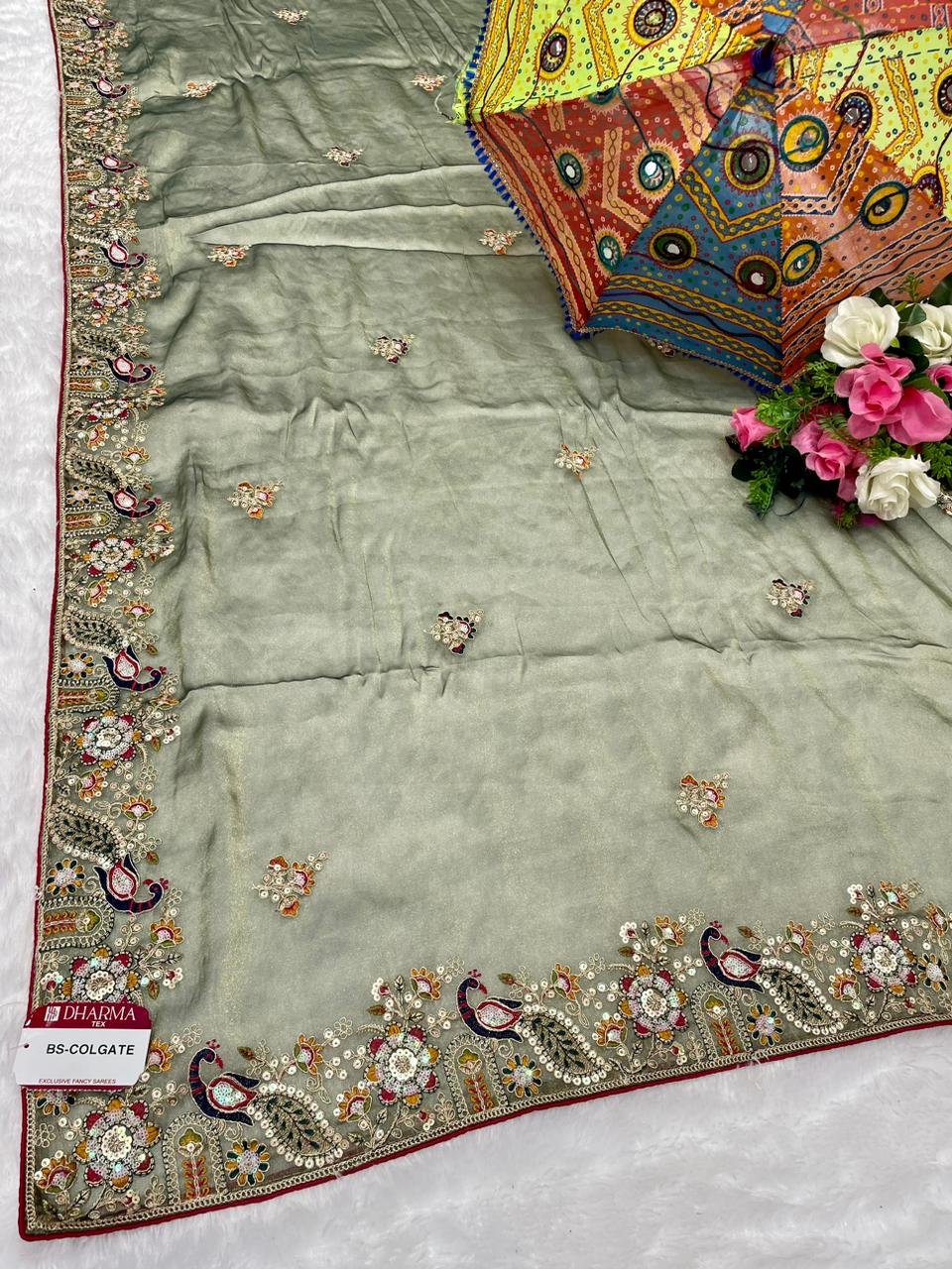 BS-COLGATE NC MOSS SAREE WITH HEAVY EMBORIDERY WITH THREAD AND HANDWORK KHATLI WORK WITH CONTRAST PIPING AND CONTRAST HEAVY FIRMA BLOUSE