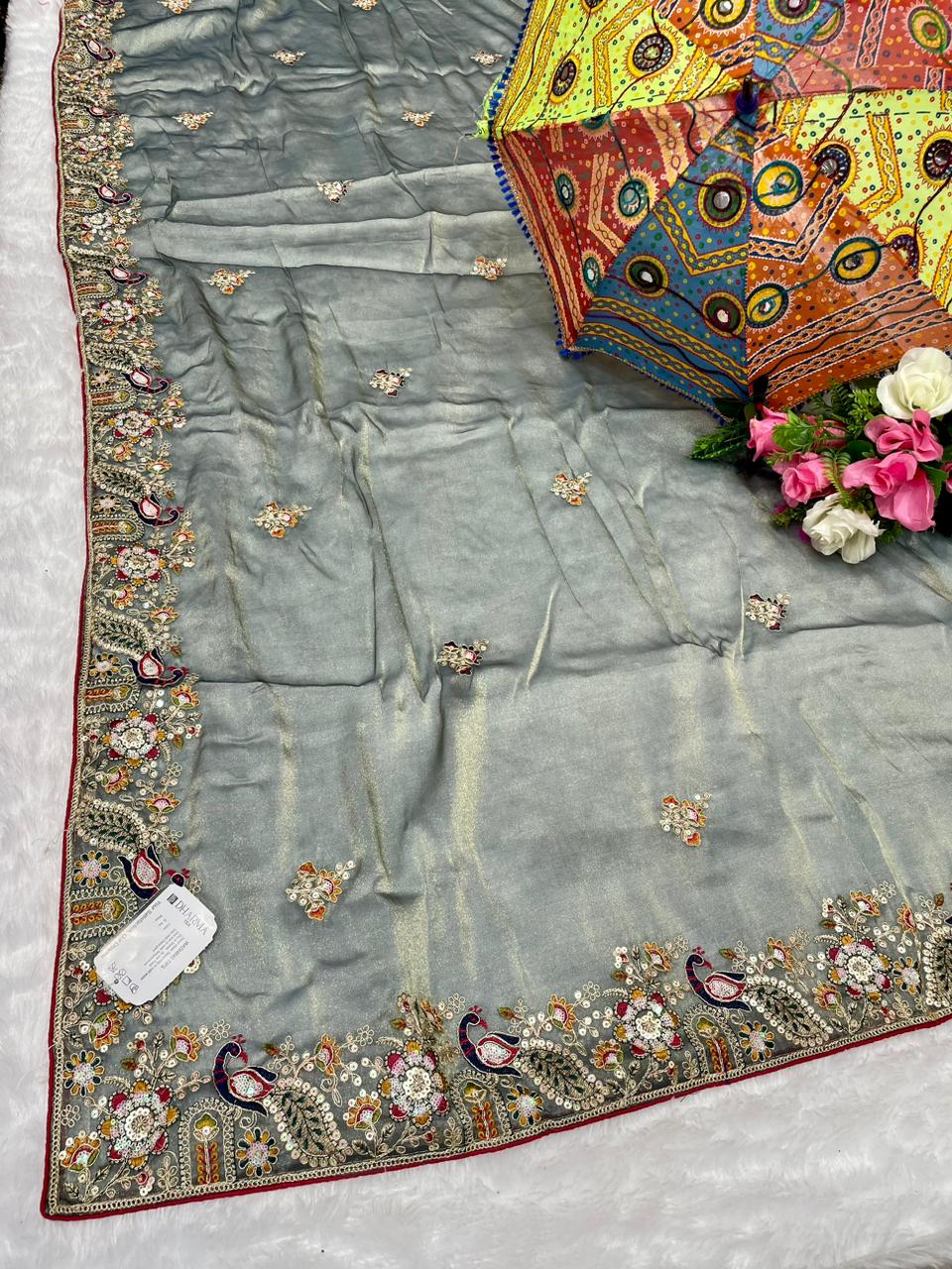 BS-COLGATE NC MOSS SAREE WITH HEAVY EMBORIDERY WITH THREAD AND HANDWORK KHATLI WORK WITH CONTRAST PIPING AND CONTRAST HEAVY FIRMA BLOUSE