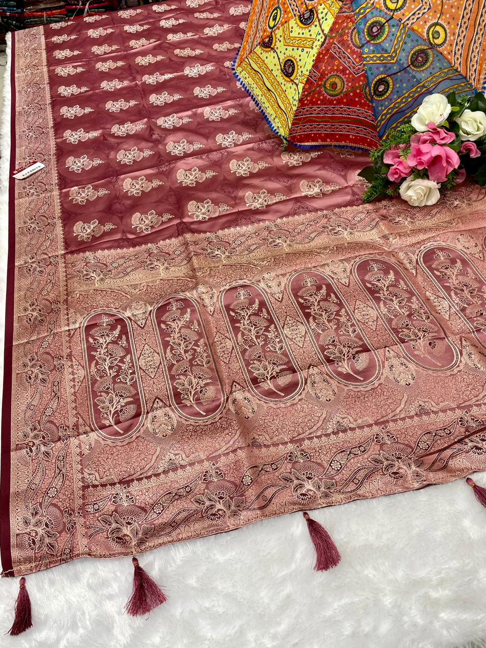 AJ-FARIYA SATIN MULBERRY SILK SAREE WITH HEAVY PALLU WITH BEAUTIFUL PATLI WORK DUSTY COLOR MATCHING