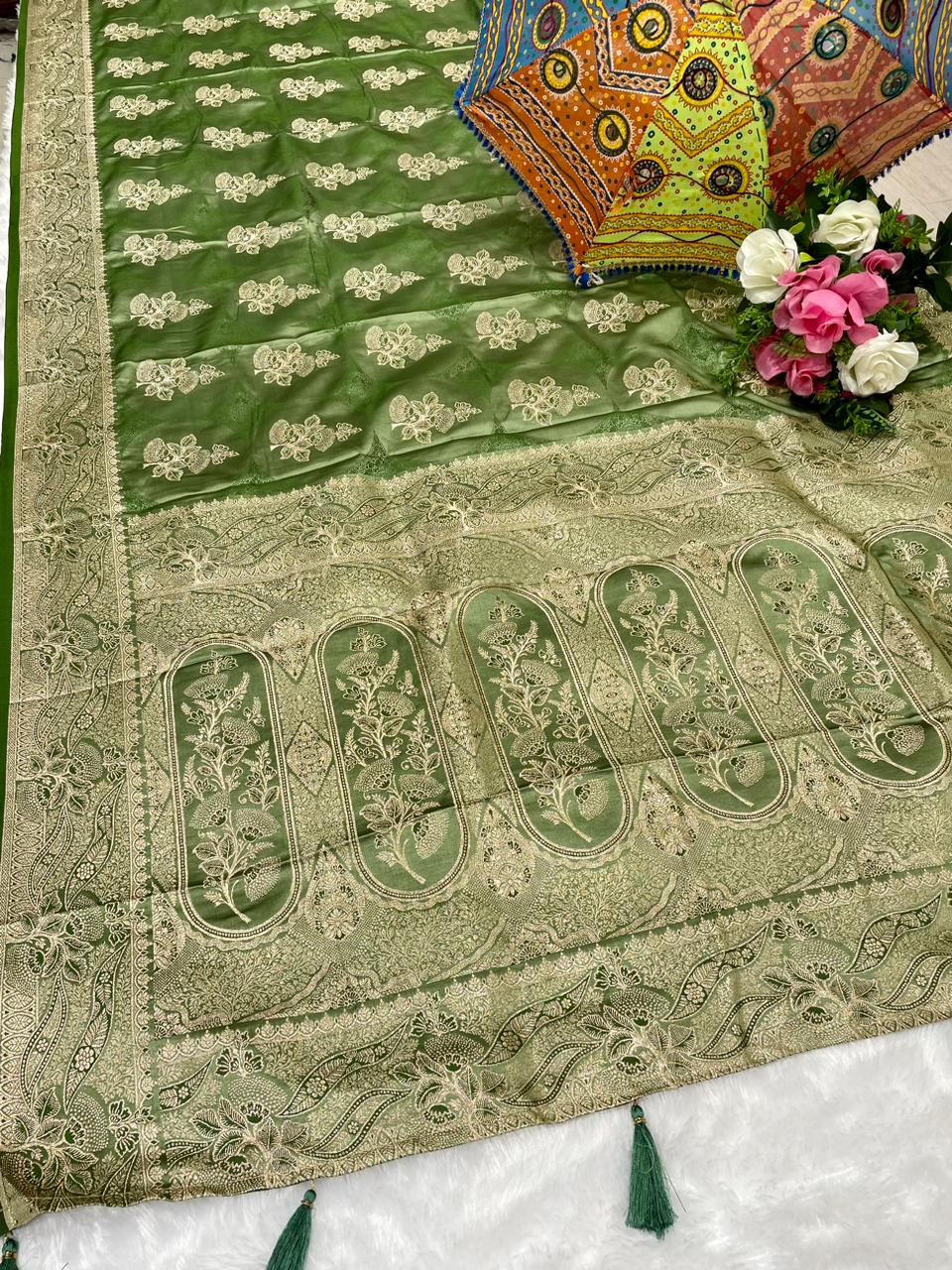 AJ-FARIYA SATIN MULBERRY SILK SAREE WITH HEAVY PALLU WITH BEAUTIFUL PATLI WORK DUSTY COLOR MATCHING