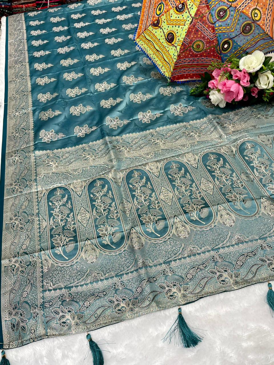 AJ-FARIYA SATIN MULBERRY SILK SAREE WITH HEAVY PALLU WITH BEAUTIFUL PATLI WORK DUSTY COLOR MATCHING