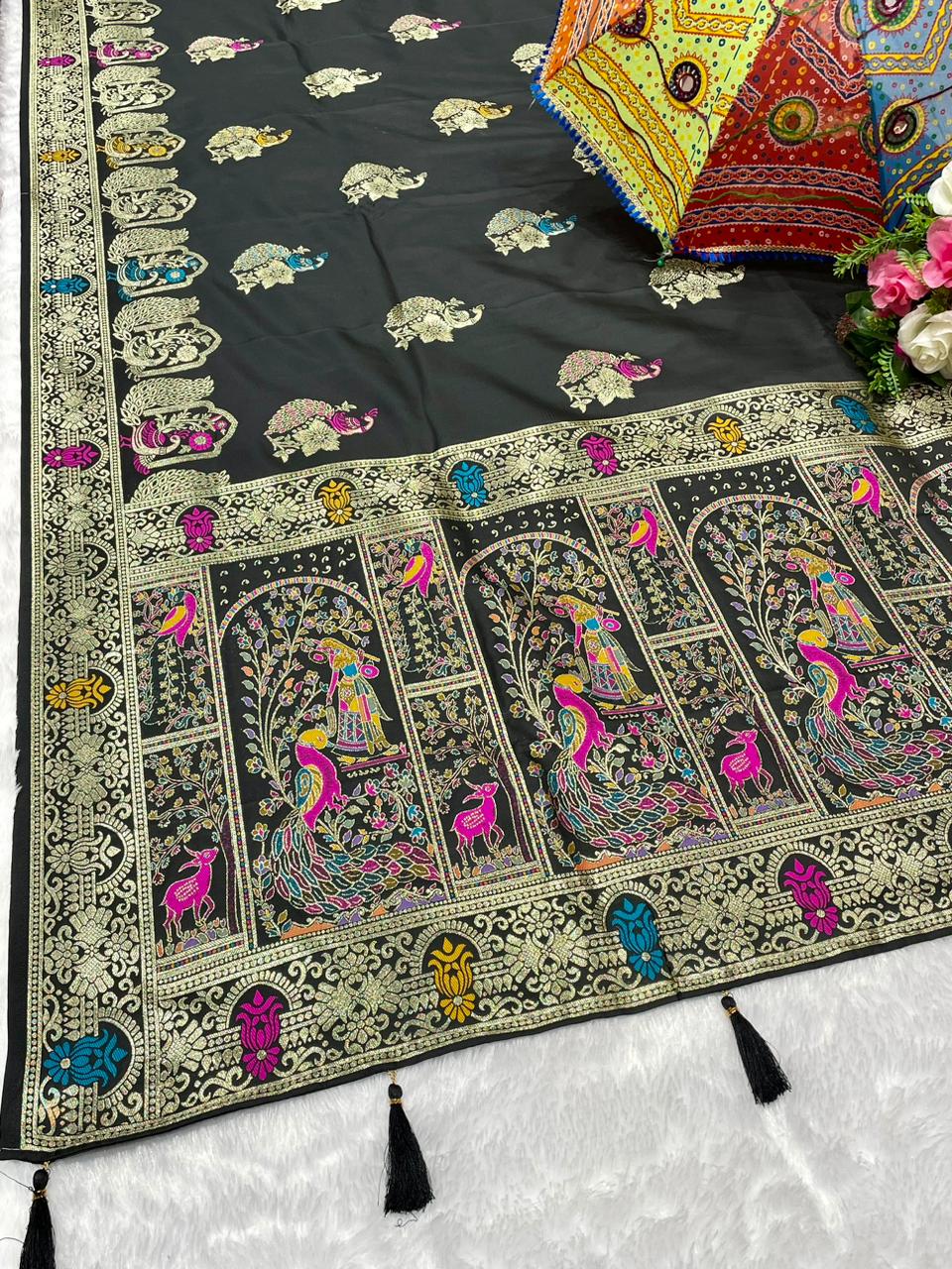 AJ-STAR-SATNAM PREMIUM SOFT SILK WITH GRAND PALLU WITH PATLI WORK AND MEENAKARI WORK WITH TASSELS