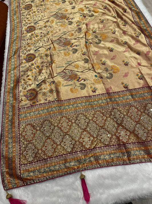 AJ-BASERA TISSUE SAREE WITH HEAVY JARKAN WORK  WITH BROCADE BLOUSE AND BEAUTIFUL DESIGN WITH LATKAN
