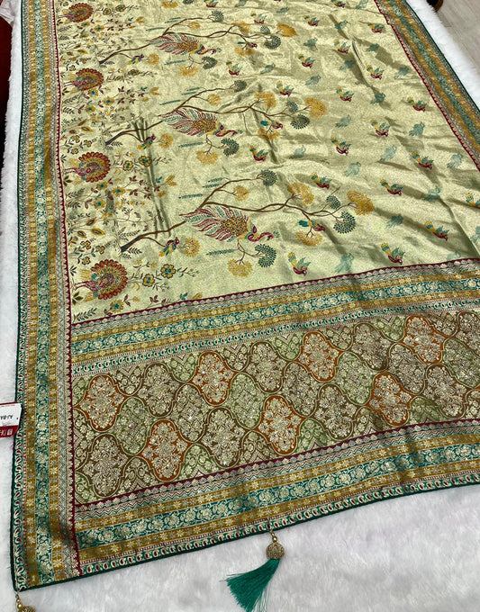 AJ-BASERA TISSUE SAREE WITH HEAVY JARKAN WORK WITH BROCADE BLOUSE AND BEAUTIFUL DESIGN WITH LATKAN