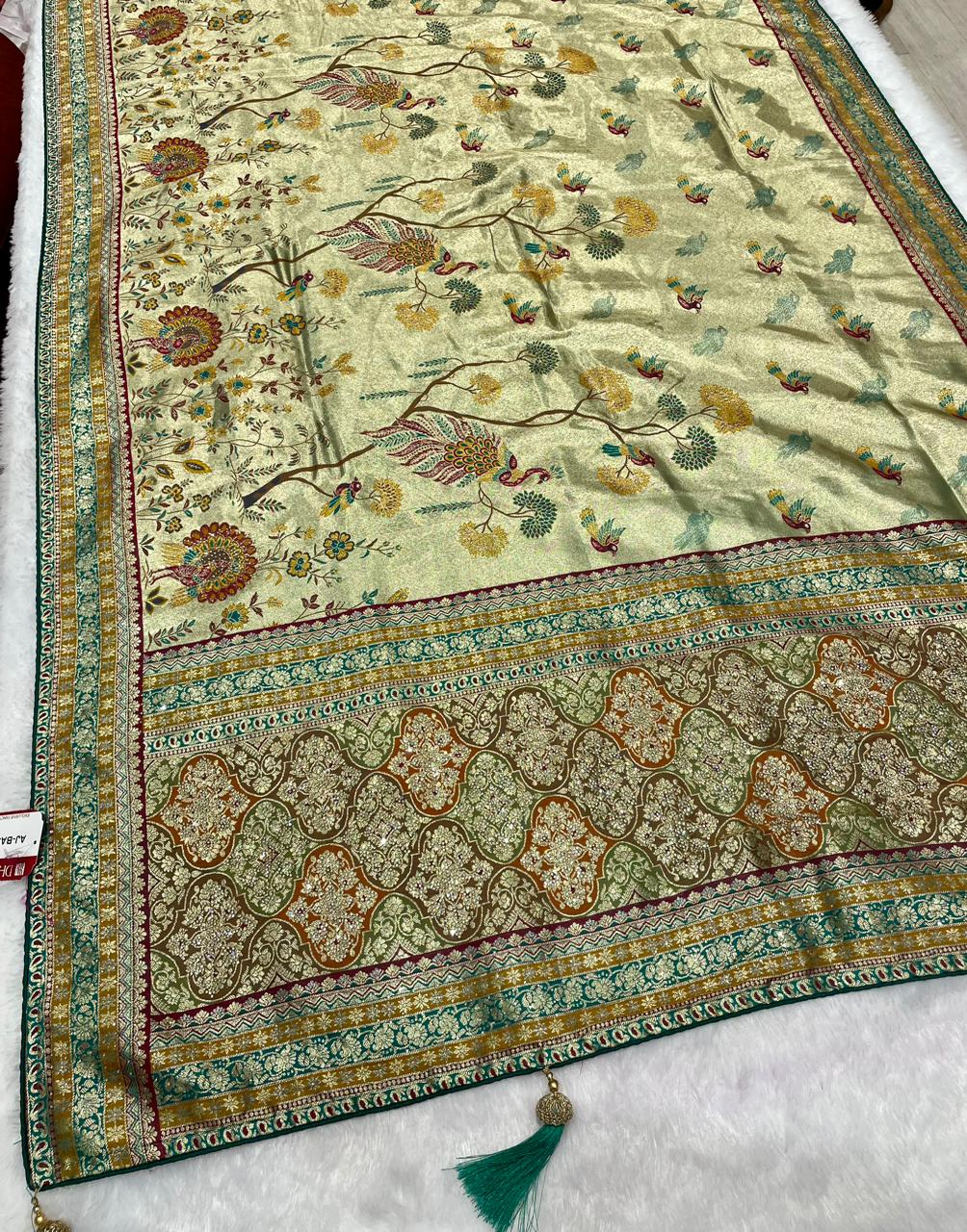 AJ-BASERA TISSUE SAREE WITH HEAVY JARKAN WORK  WITH BROCADE BLOUSE AND BEAUTIFUL DESIGN WITH LATKAN