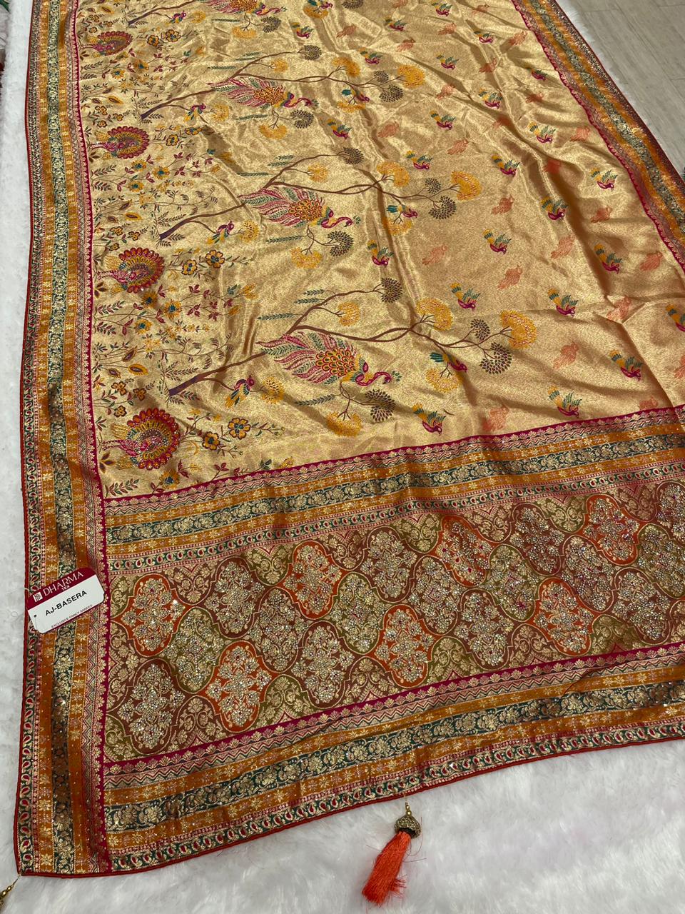 AJ-BASERA TISSUE SAREE WITH HEAVY JARKAN WORK  WITH BROCADE BLOUSE AND BEAUTIFUL DESIGN WITH LATKAN