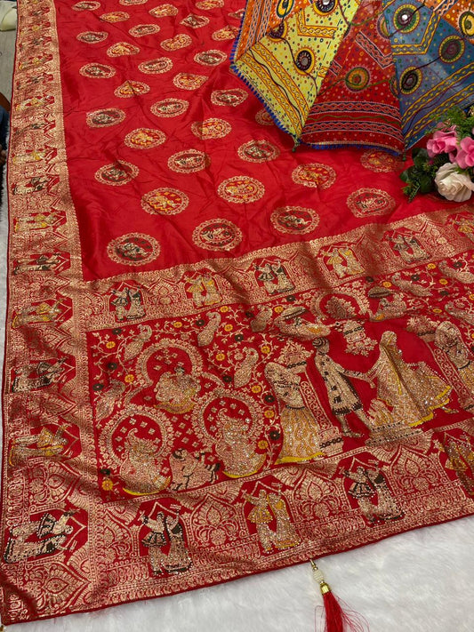 AJ-VIVAH SOFT SILK SAREE WITH BARAT PRINT WITH SIROSKE WORK AND GAJRAJ DESIGN ON BAHU AND BEAUTIFUL DAAMAN DESIGN