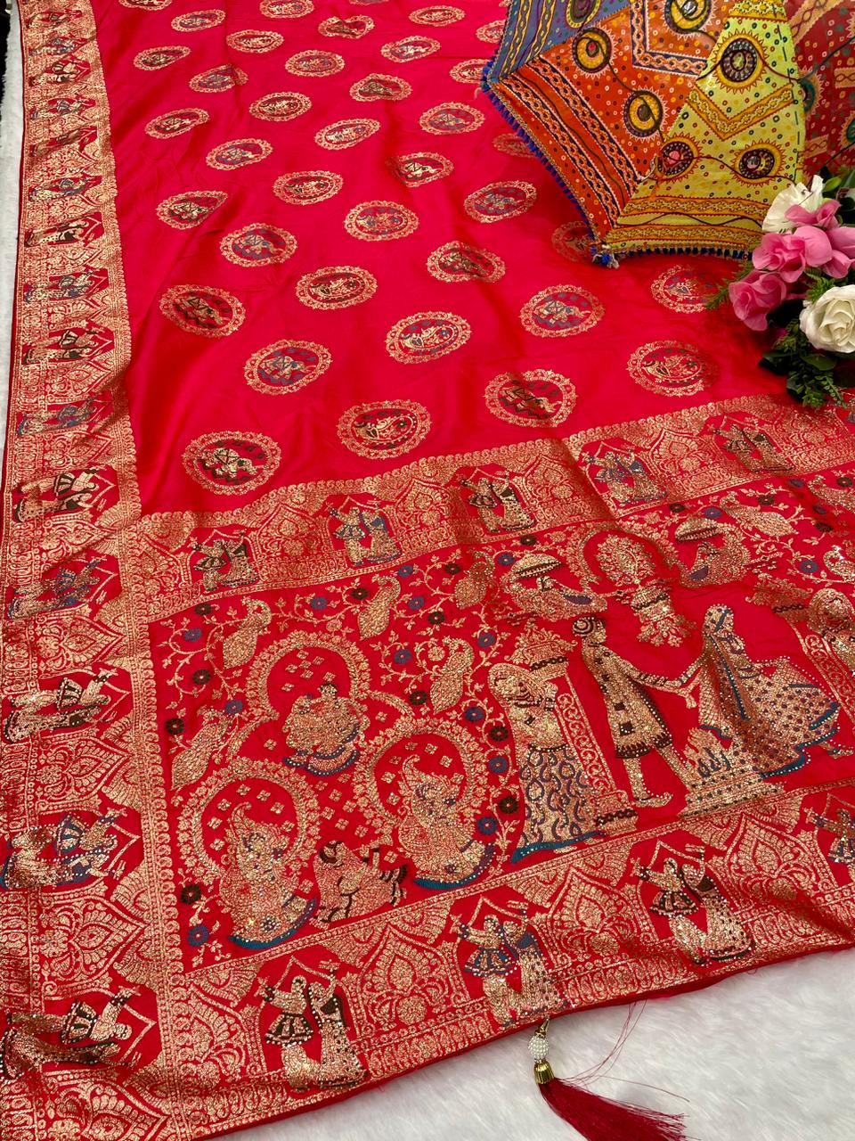 AJ-VIVAH SOFT SILK SAREE WITH BARAT PRINT WITH SIROSKE WORK AND GAJRAJ DESIGN ON BAHU AND BEAUTIFUL DAAMAN DESIGN