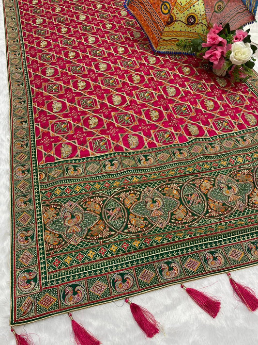 BS-CHANDPOL GAJJI SATIN SILK WITH HEAVY VISCOS DESIGN WITH MULTI WORK AND HEAY JARKAN WORK WUTH BEAUTIFUL DESIGN WITH TASSELS