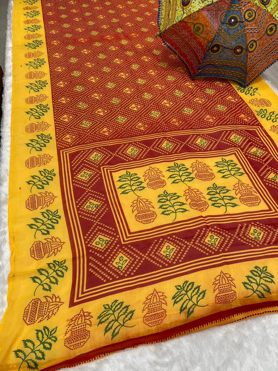 PRINT-3140 CHIFFON SAREE WITH BANDANI DESIGN WITH KALASH INSERTS AND RICH PALLU