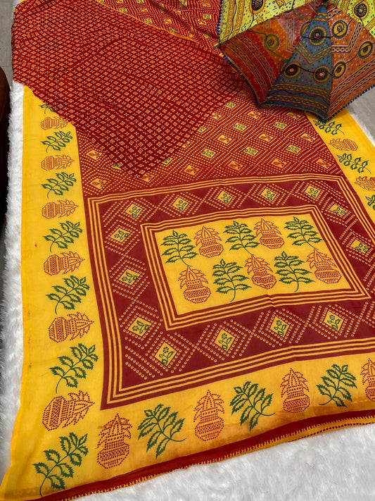 PRINT-3140 CHIFFON SAREE WITH BANDANI DESIGN WITH KALASH INSERTS AND RICH PALLU