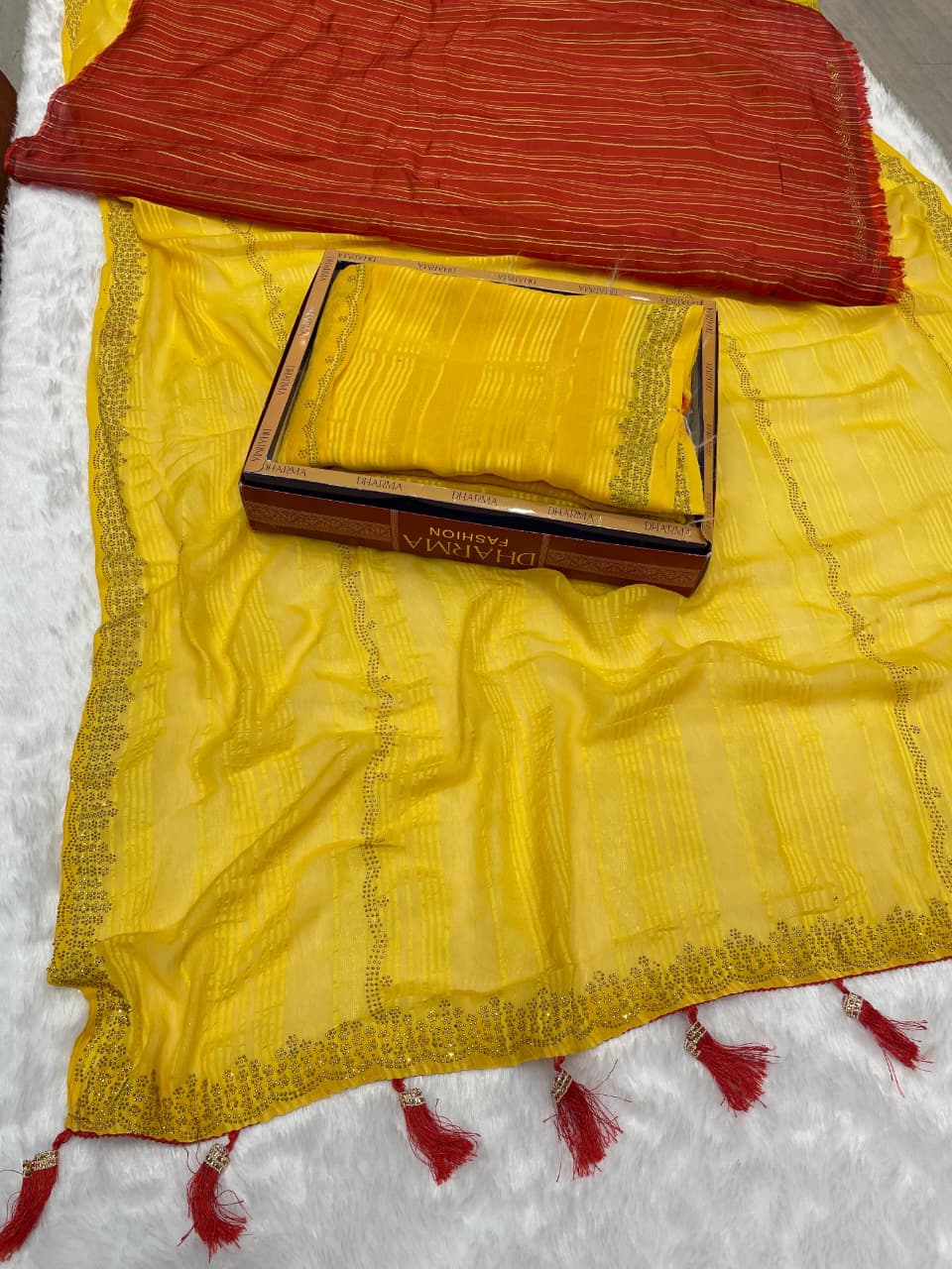 DF-ORIO-PATTA   YELLOW SPECIAL WITH DMC SIROSKI ALL OVER WITH TASSELS AND CONTRAST BLOUSE