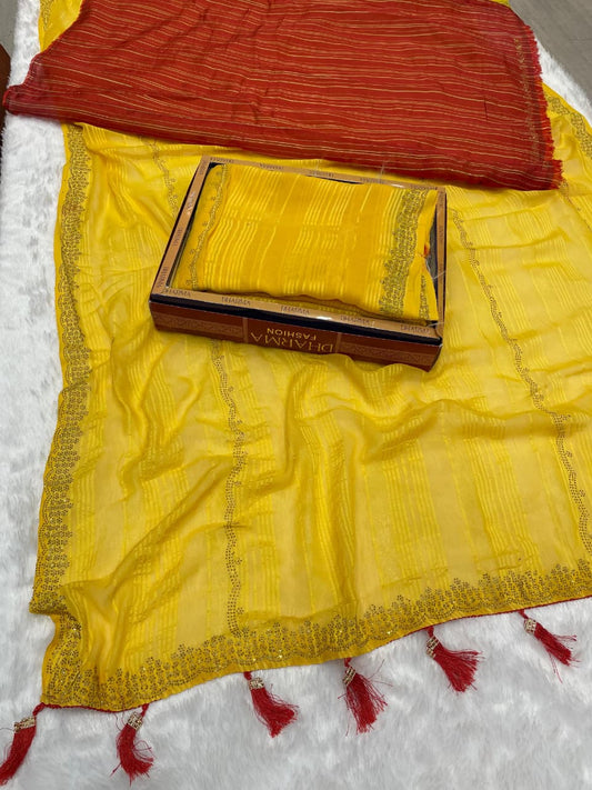 DF-ORIO-PATTA   YELLOW SPECIAL WITH DMC SIROSKI ALL OVER WITH TASSELS AND CONTRAST BLOUSE