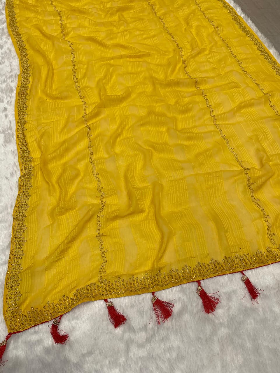 DF-ORIO-PATTA   YELLOW SPECIAL WITH DMC SIROSKI ALL OVER WITH TASSELS AND CONTRAST BLOUSE