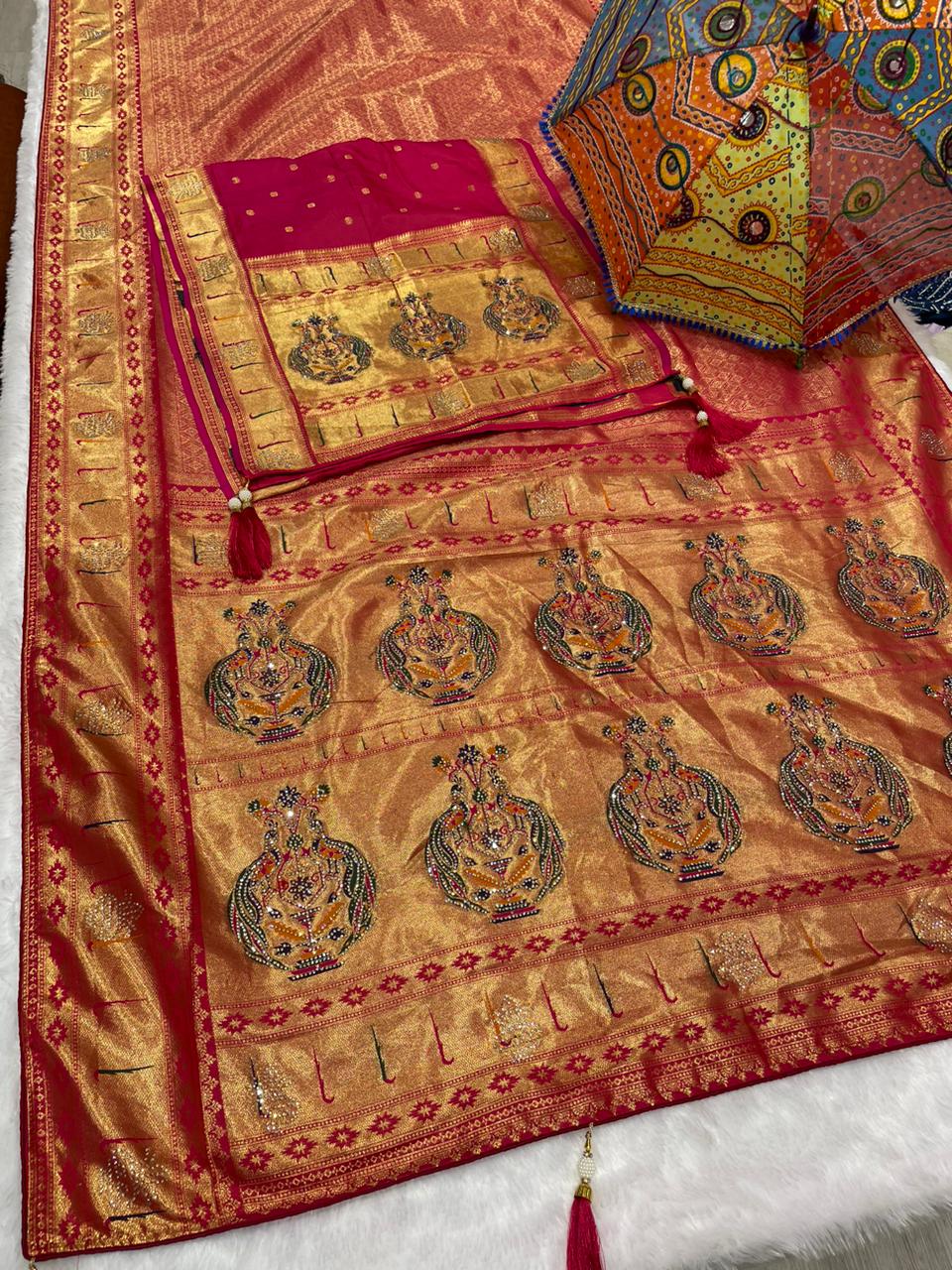 AJ-SAJANI DUPTTA SAREE WITH DUPATTA AND HEAVY JARKAN WORK WITH PAITHANI DESIGN