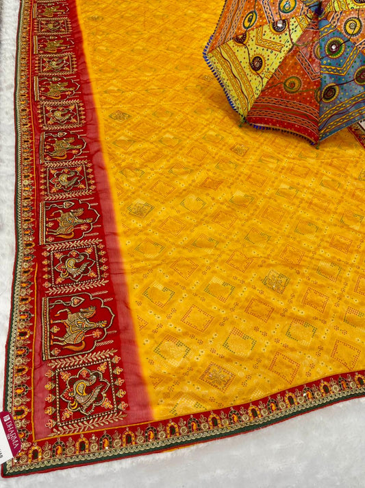 BS-PARO- UDTA PUNJAB VISOCS CHIFFON SAREE WITH BEAUTIFUL BANDANI DESIGN WITH HEAVY EMBROIDERY AND PATLI WORK WITH HEAVY BLOUSE BARAT DESIGN WITH GAJRAJ