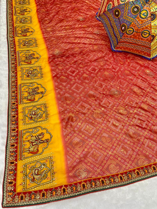 BS-PARO- UDTA PUNJAB VISOCS CHIFFON SAREE WITH BEAUTIFUL BANDANI DESIGN WITH HEAVY EMBROIDERY AND PATLI WORK WITH HEAVY BLOUSE BARAT DESIGN WITH GAJRAJ