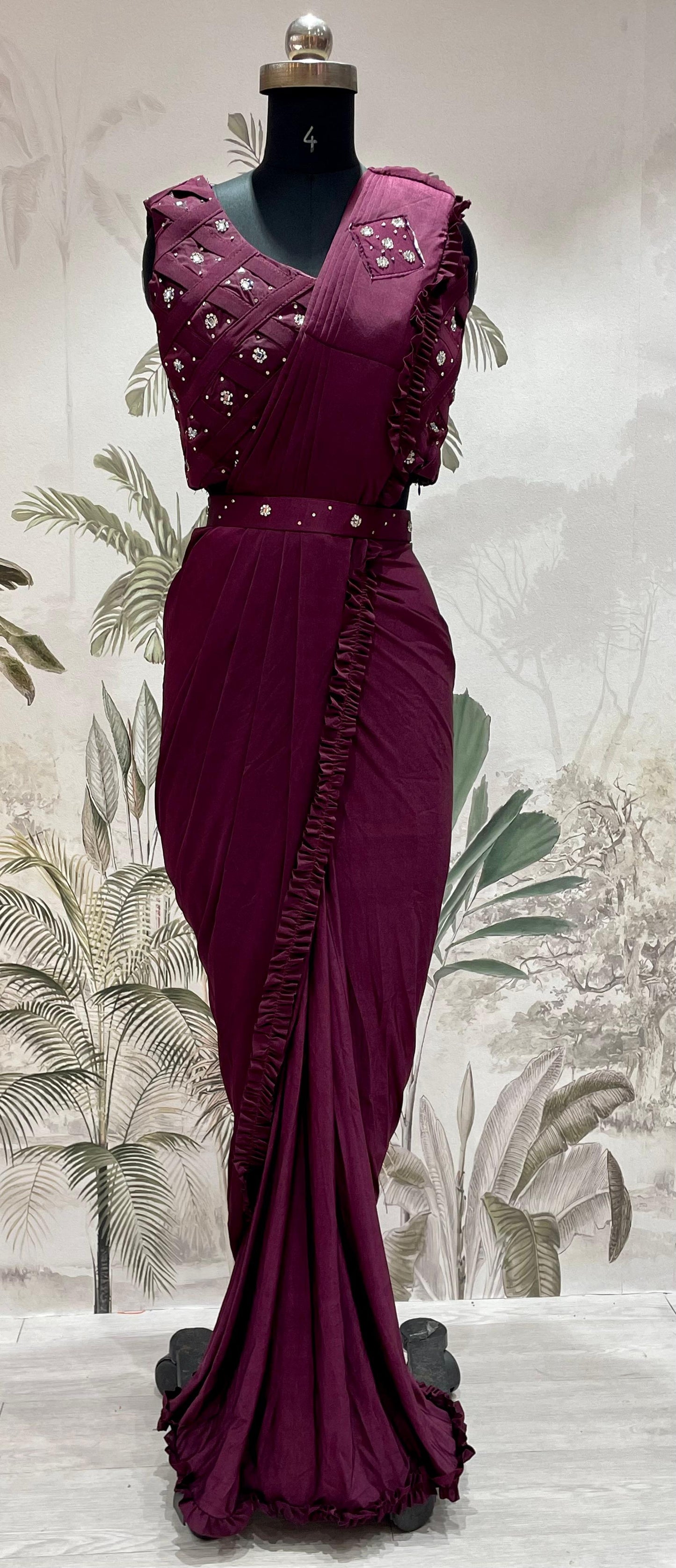 BS-101 DARK SATIN READY TO WEAR SAREE WITH STITCHED BLOUSE WITH JARKAN WORK PREMIUM DESIGN MODERN LOOK