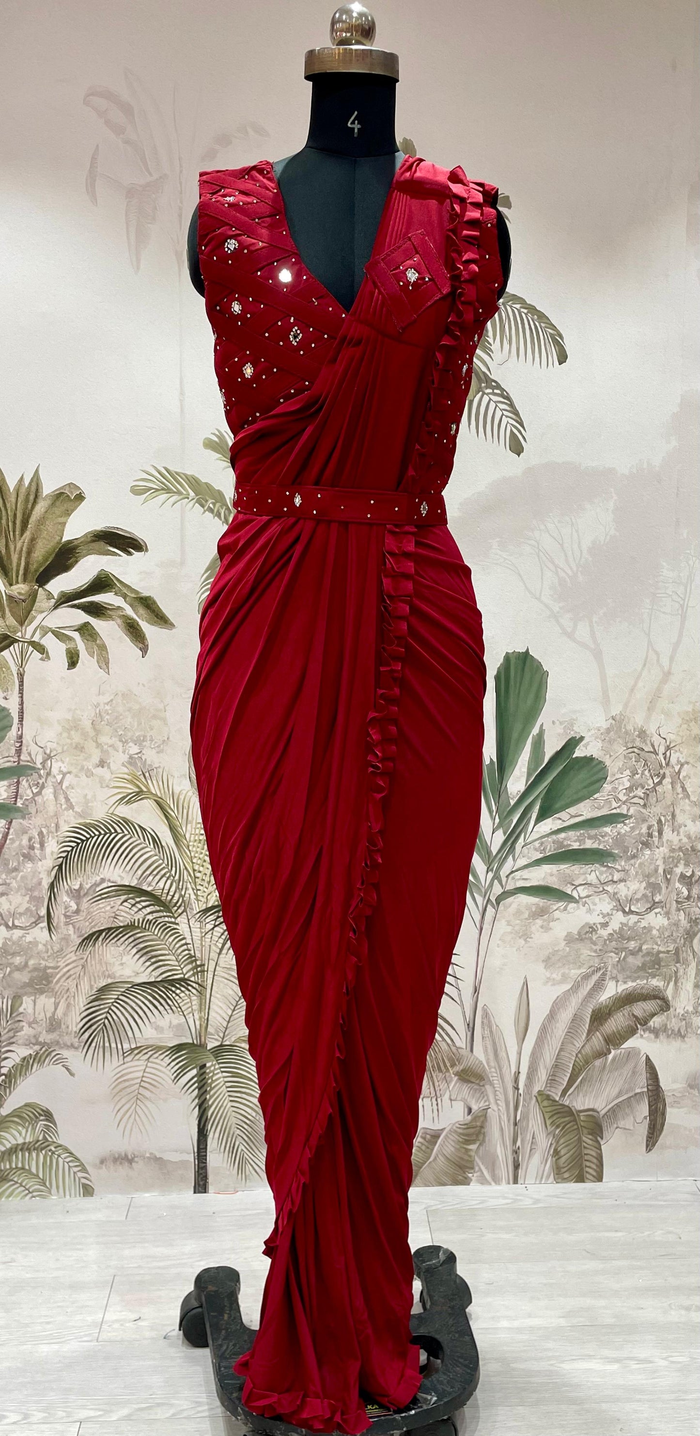 BS-101 DARK SATIN READY TO WEAR SAREE WITH STITCHED BLOUSE WITH JARKAN WORK PREMIUM DESIGN MODERN LOOK