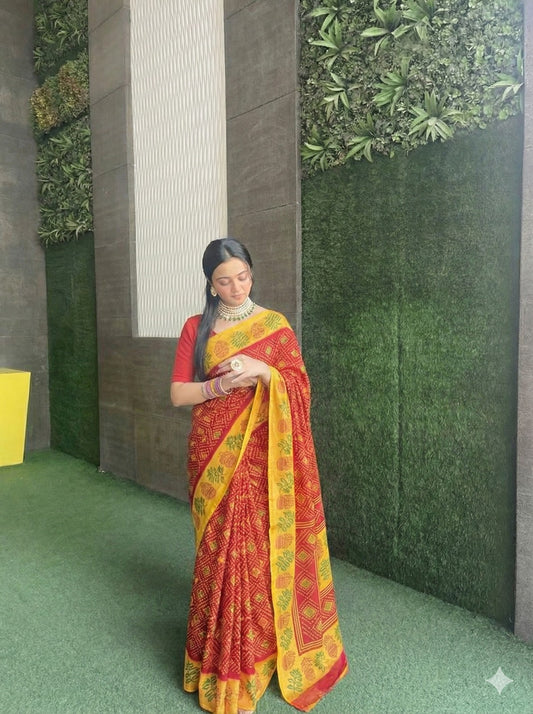 PRINT-3140 CHIFFON SAREE WITH BANDANI DESIGN WITH KALASH INSERTS AND RICH PALLU