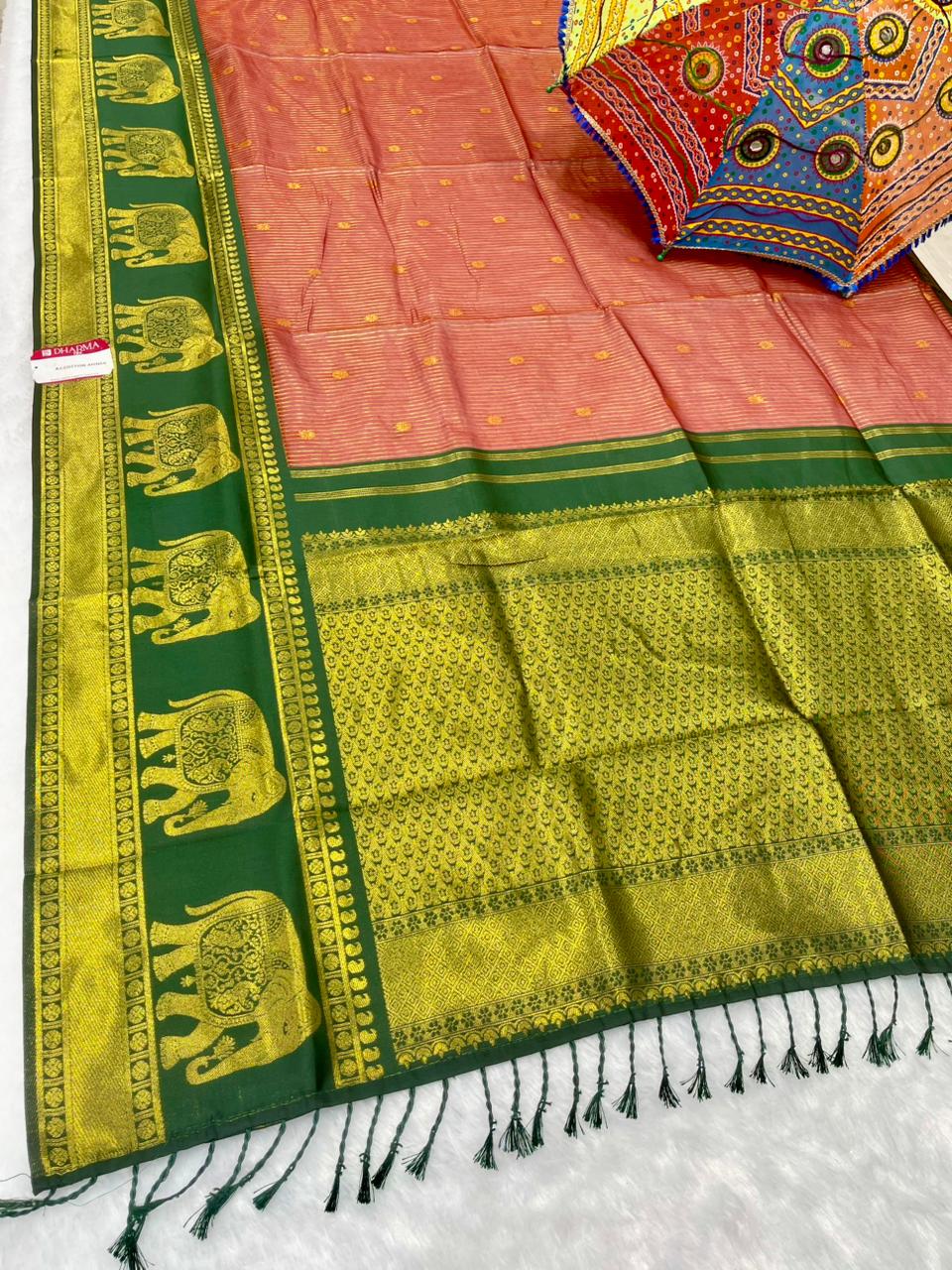 AJ-COTTON-AHINSA COTTON SILK WITH RICH PALLU WITH CONTRAST BORDER WITH GAJRAJ DESIGN WITH UNIQUE BEAUTIFUL TASSELS