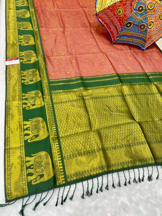 AJ-COTTON-AHINSA COTTON SILK WITH RICH PALLU WITH CONTRAST BORDER WITH GAJRAJ DESIGN WITH UNIQUE BEAUTIFUL TASSELS