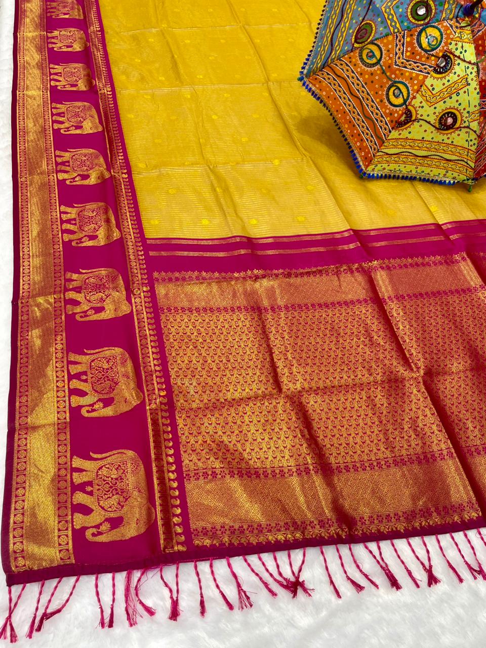 AJ-COTTON-AHINSA COTTON SILK WITH RICH PALLU WITH CONTRAST BORDER WITH GAJRAJ DESIGN WITH UNIQUE BEAUTIFUL TASSELS