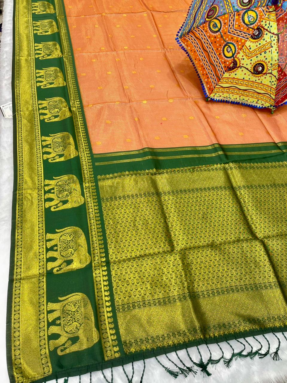 AJ-COTTON-AHINSA COTTON SILK WITH RICH PALLU WITH CONTRAST BORDER WITH GAJRAJ DESIGN WITH UNIQUE BEAUTIFUL TASSELS