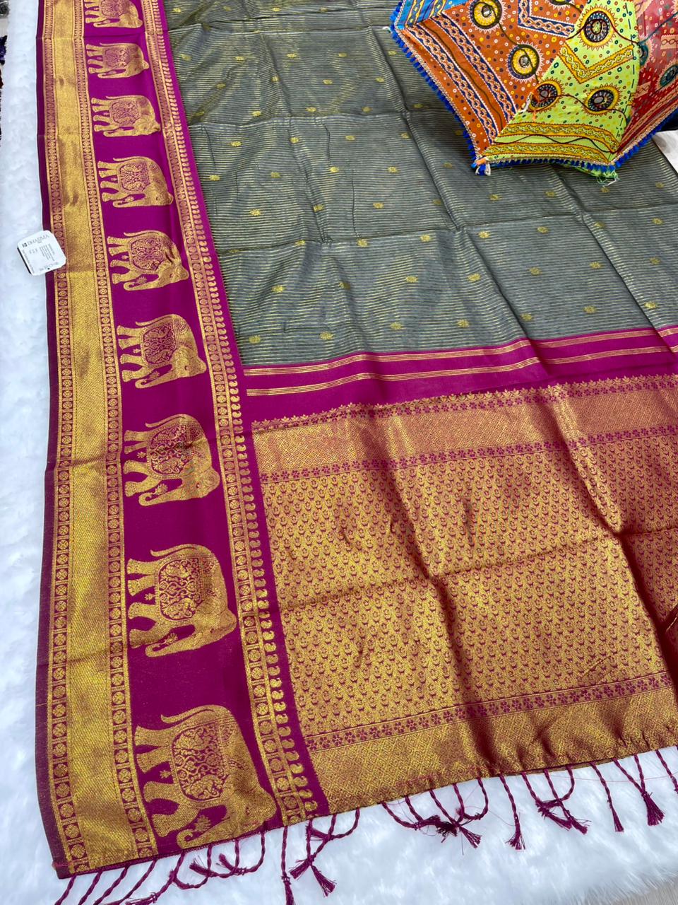AJ-COTTON-AHINSA COTTON SILK WITH RICH PALLU WITH CONTRAST BORDER WITH GAJRAJ DESIGN WITH UNIQUE BEAUTIFUL TASSELS