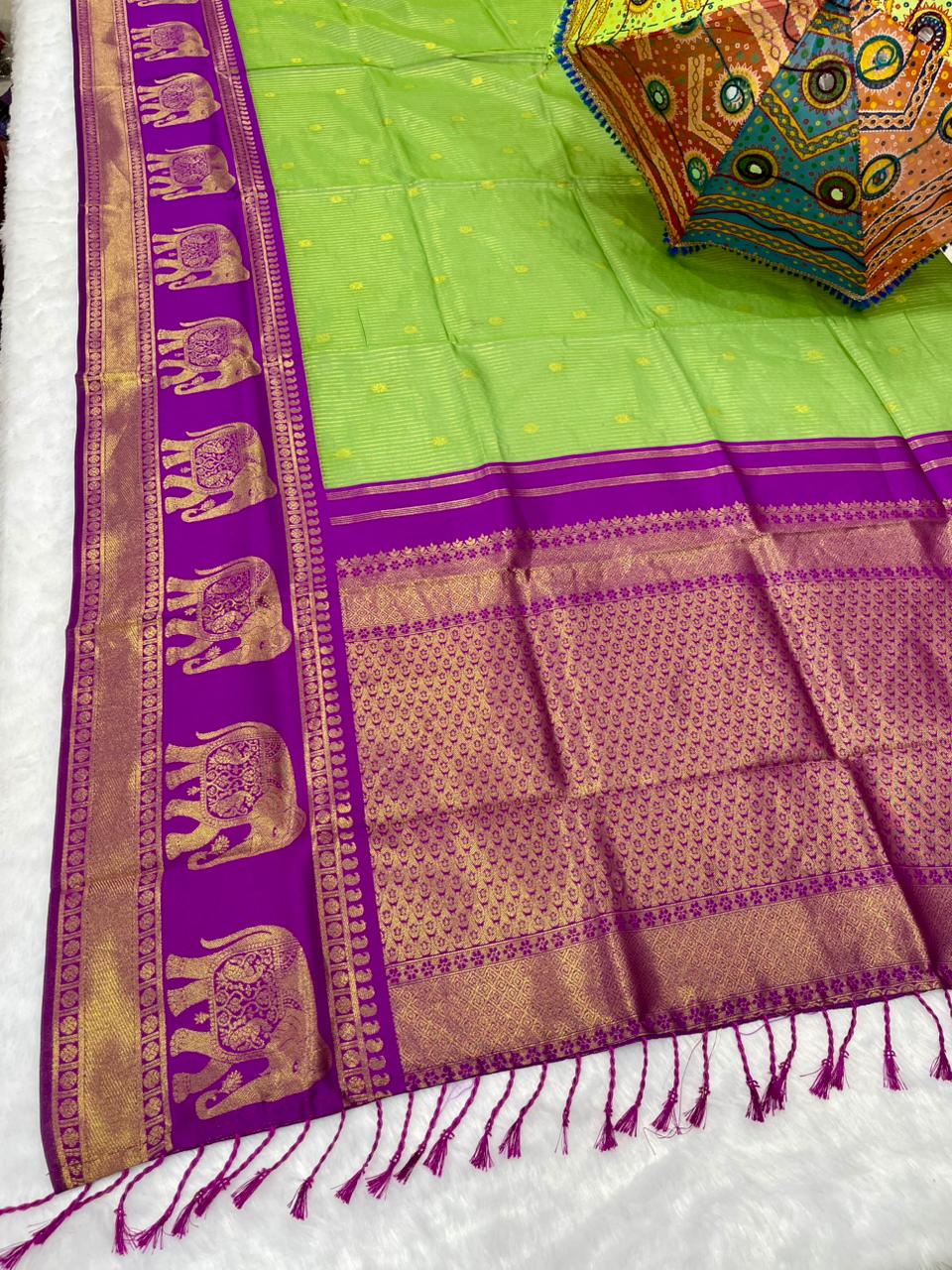 AJ-COTTON-AHINSA COTTON SILK WITH RICH PALLU WITH CONTRAST BORDER WITH GAJRAJ DESIGN WITH UNIQUE BEAUTIFUL TASSELS