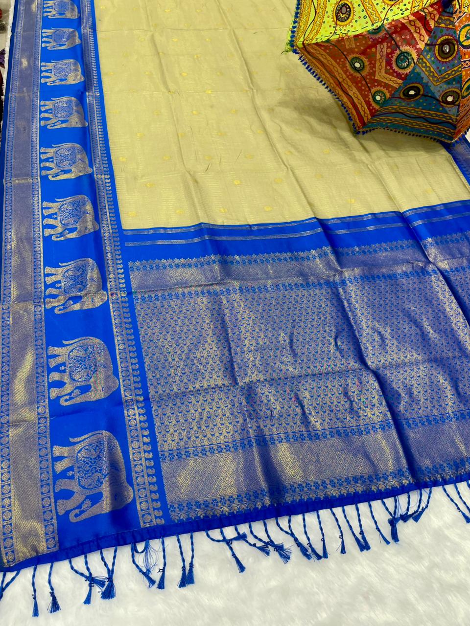AJ-COTTON-AHINSA COTTON SILK WITH RICH PALLU WITH CONTRAST BORDER WITH GAJRAJ DESIGN WITH UNIQUE BEAUTIFUL TASSELS