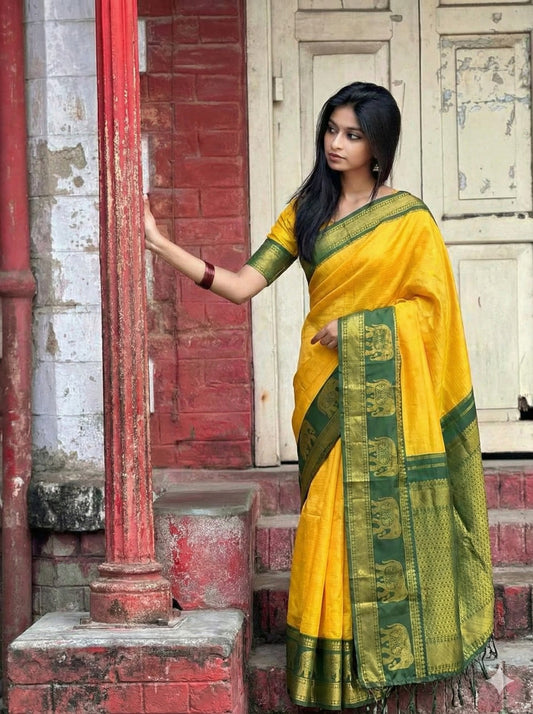AJ-COTTON-AHINSA COTTON SILK WITH RICH PALLU WITH CONTRAST BORDER WITH GAJRAJ DESIGN WITH UNIQUE BEAUTIFUL TASSELS