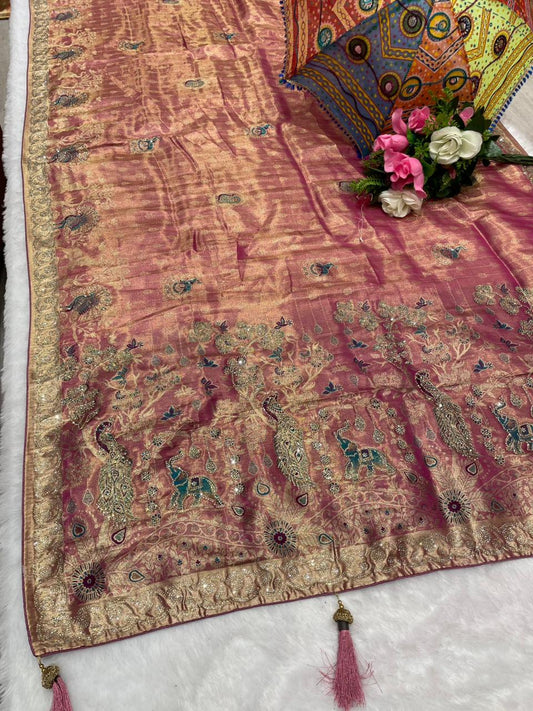 AJ-MALABAR Tissue saree with beautiful open pallu with gajraj and peacock design with jarkan work with meenakri work and diamond border with contrast brocade blouse with luxury tassels