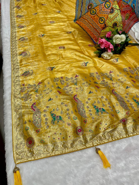AJ-MALABAR Tissue saree with beautiful open pallu with gajraj and peacock design with jarkan work with meenakri work and diamond border with contrast brocade blouse with luxury tassels
