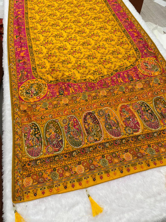 AJ-BACHPAN PASHMINA DIABLE SILK WITH HEAVY JHAL DESIGN WITH RICH PALLU AND TISSUE HEAVINESS WITH JARKAN WORK WITH PIPING AND  LUXURY TASSELS