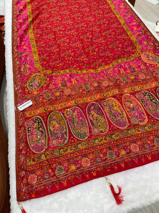 AJ-BACHPAN PASHMINA DIABLE SILK WITH HEAVY JHAL DESIGN WITH RICH PALLU AND TISSUE HEAVINESS WITH JARKAN WORK WITH PIPING AND  LUXURY TASSELS