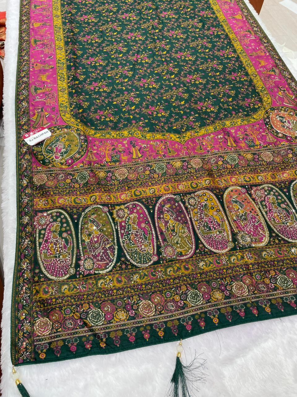 AJ-BACHPAN PASHMINA DIABLE SILK WITH HEAVY JHAL DESIGN WITH RICH PALLU AND TISSUE HEAVINESS WITH JARKAN WORK WITH PIPING AND  LUXURY TASSELS