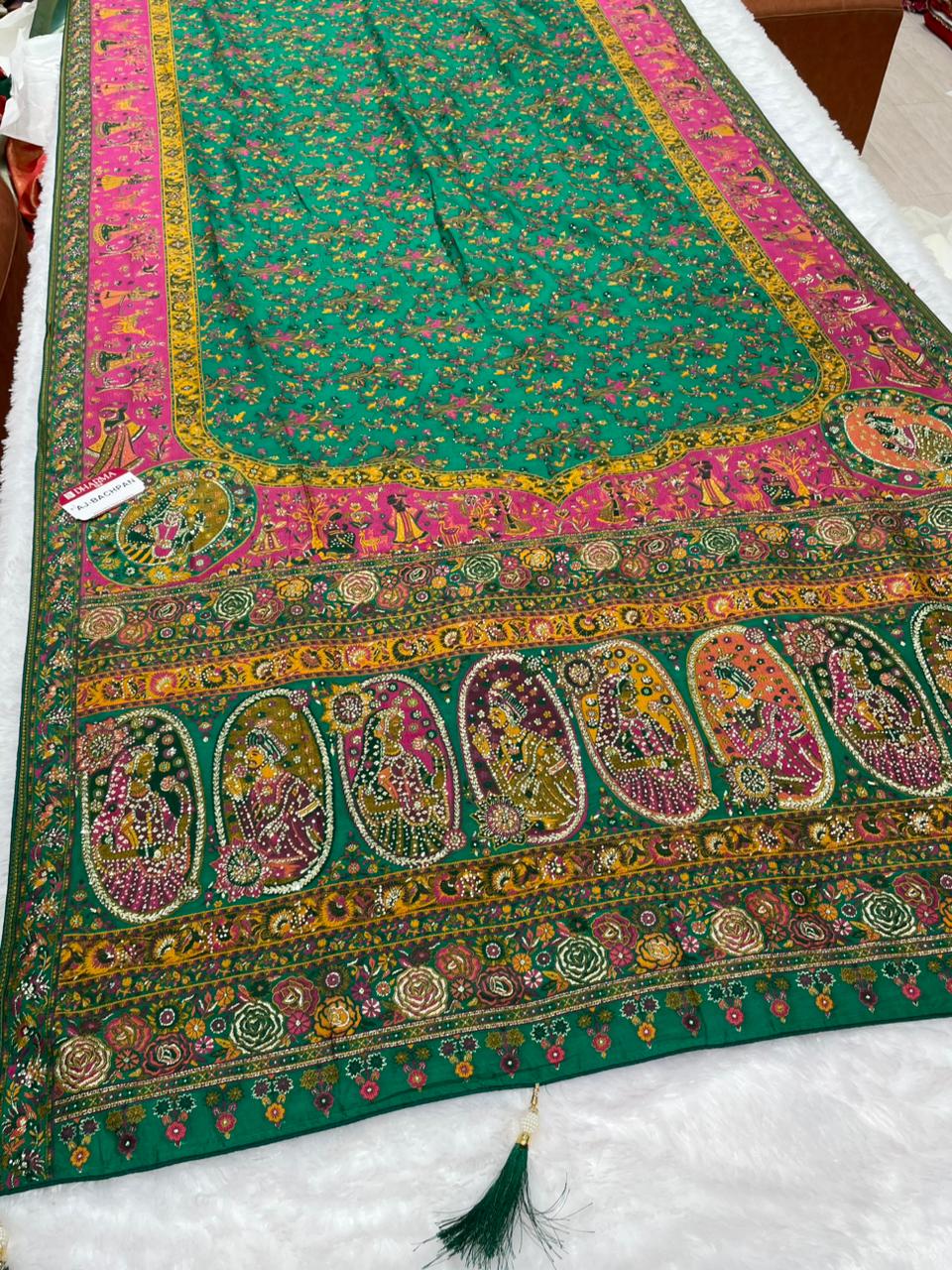 AJ-BACHPAN PASHMINA DIABLE SILK WITH HEAVY JHAL DESIGN WITH RICH PALLU AND TISSUE HEAVINESS WITH JARKAN WORK WITH PIPING AND  LUXURY TASSELS