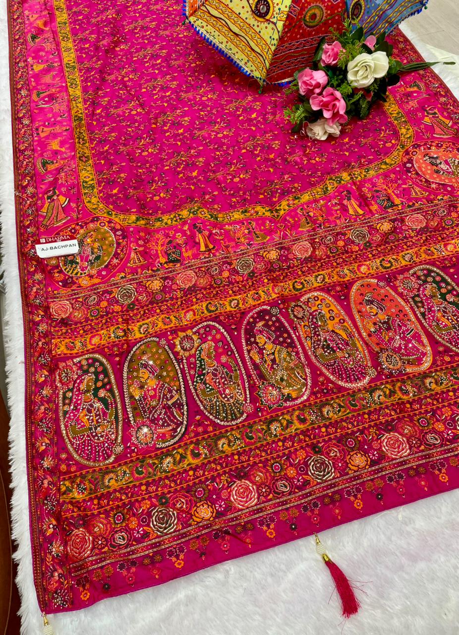 AJ-BACHPAN PASHMINA DIABLE SILK WITH HEAVY JHAL DESIGN WITH RICH PALLU AND TISSUE HEAVINESS WITH JARKAN WORK WITH PIPING AND  LUXURY TASSELS