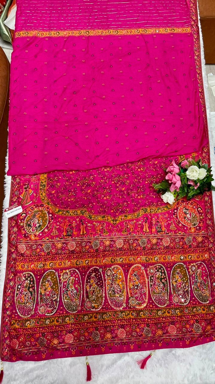 AJ-BACHPAN PASHMINA DIABLE SILK WITH HEAVY JHAL DESIGN WITH RICH PALLU AND TISSUE HEAVINESS WITH JARKAN WORK WITH PIPING AND  LUXURY TASSELS