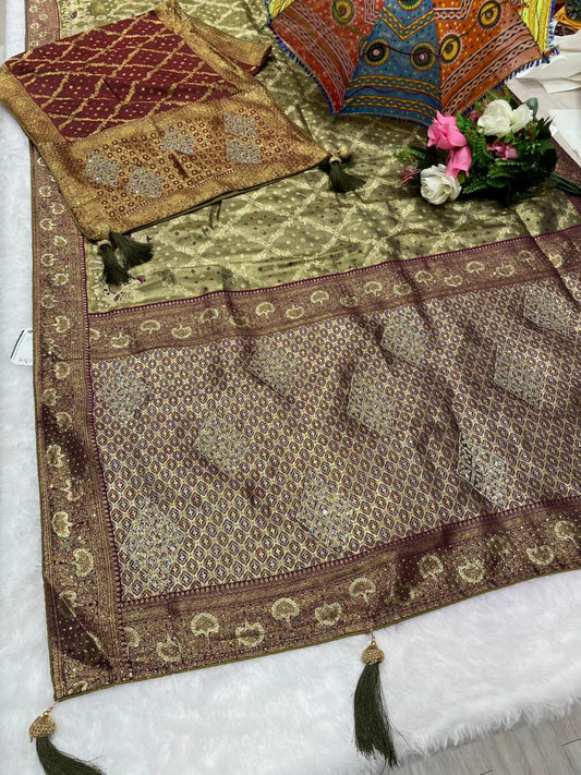 AJ-AAKRUTI-DUPTTA KANJIVARAM SILK  SAREE WITH GHATCHOLA DESIGN WITH BARAT DESIGN AND  HEAVY JARKAN WORK WITH HEAVY PIPING AND LUXURY TASSELS WITH DUPPATA WITH JARKAN WORK AND MOST TRENDING SAREE