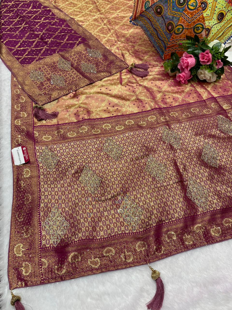 AJ-AAKRUTI-DUPTTA KANJIVARAM SILK  SAREE WITH GHATCHOLA DESIGN WITH BARAT DESIGN AND  HEAVY JARKAN WORK WITH HEAVY PIPING AND LUXURY TASSELS WITH DUPPATA WITH JARKAN WORK AND MOST TRENDING SAREE