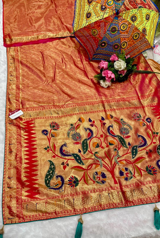 AJ-KETKI-DUPATTA KANJIVARAM TISSUE SAREE WITH DUPATTA AND HEAVY JARKAN WORK WITH PAITHANI DESIGN